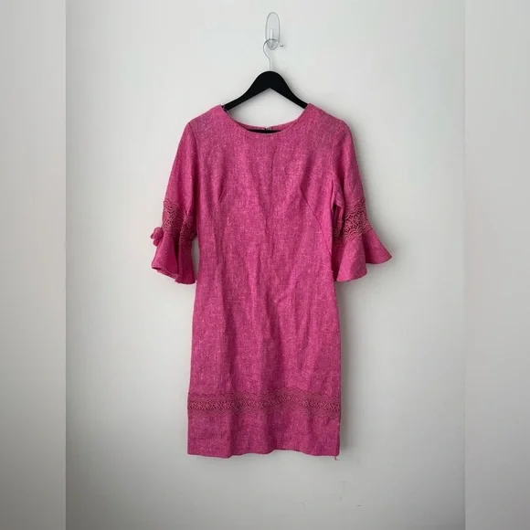 Vintage Pink woven Linen Blend Dress Lace Trim Bell Sleeve Cottagecore 70s 80s - Picture 2 of 12